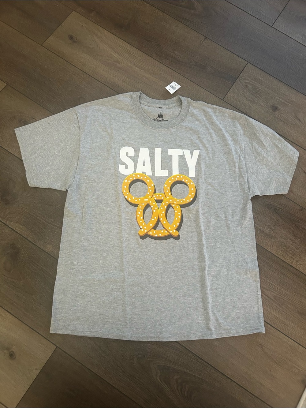 Disney Gray "SALTY" T-Shirt with Yellow Pretzel Graphic